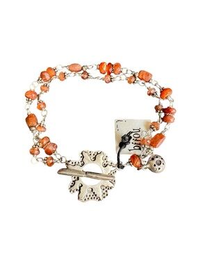 Bijou Sunstone Bracelet Silver Sun Double Strand Station Chain Handmade NWT